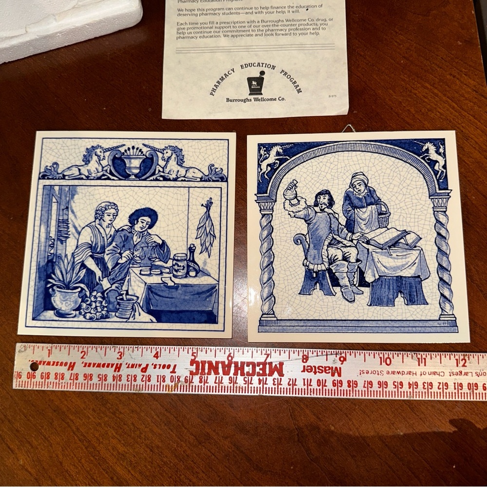 2pc Delft Holland Pharmacy Pill Tiles Burroughs Wellcome Schoonhoven Apothecary